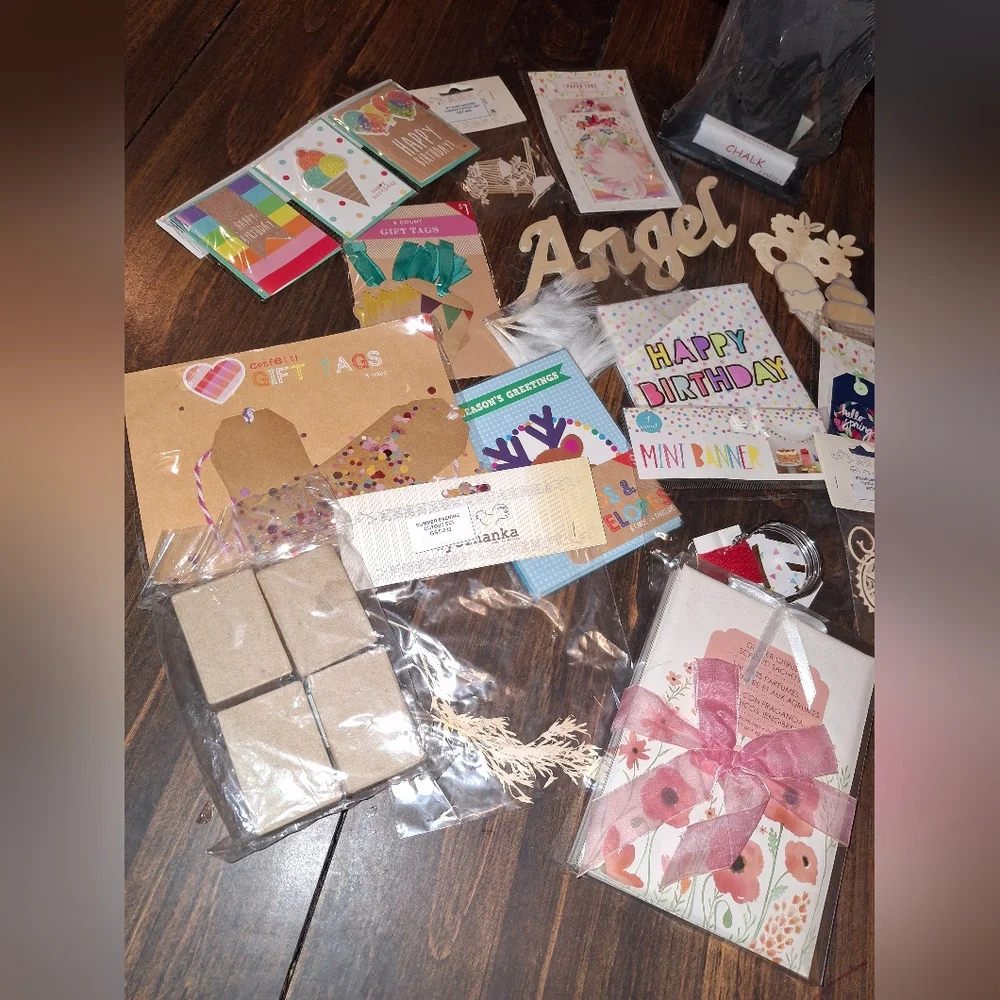 Craft Supplies Wooden Art Mixed Media  Pompoms Letters Chipboard Cards Tags Box
